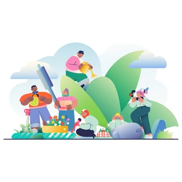 A group of tiny people is engaged in various activities in a giant human's backyard. One tiny person is watering a vibrant flower bed filled with brightly colored flowers, while another tiny person is setting up a small picnic on a giant checkered blanket. A tiny woman is climbing a large green grass blade, and a tiny man is standing on a rock, looking through a small pair of binoculars. In the background, there are oversized gardening tools leaned against a tree, and a large blue sky overhead, dotted with fluffy white clouds. A giant's sneaker is visible, resting on the ground nearby, emphasizing the scale of the scene.