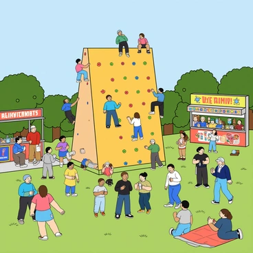 A vibrant community climbing event is taking place on a sunny day. In the center, there is a large, colorful climbing wall with people of all ages scaling its heights. Families and friends are gathered around, cheering for their loved ones as they climb. Some children are watching in excitement, their eyes wide with anticipation. Nearby, local vendors have set up cheerful stalls with bright banners. One vendor is selling colorful climbing gear, while another offers refreshing drinks and snacks. There are smiling faces, laughter, and a sense of camaraderie as everyone enjoys the lively atmosphere together. The grass is lush and green, providing a warm space for spectators to sit and relax.
