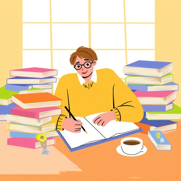 A person sitting at a wooden table in a library, surrounded by colorful art books stacked neatly around them. The person, with short brown hair and wearing glasses, is focused on sketching in a notebook. Sunlight filters through large windows, casting bright patterns on the wooden floor. Various art books with vivid cover designs are open, showcasing different styles of illustration. A cup of steaming coffee sits beside the notebook, adding to the cozy atmosphere of the space.