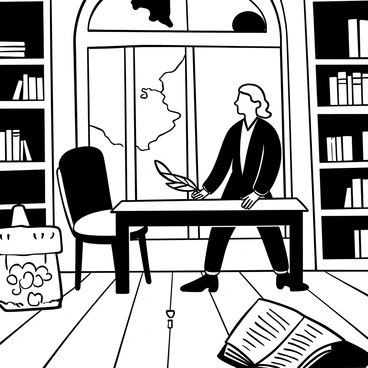 A black-and-white illustration of Thomas Jefferson standing alone in a grand room filled with books and documents. He is holding a quill pen in one hand, with parchment spread out on a large wooden table before him. Sunlight filters through a tall window, casting intricate shadows on the floor. In the background, a large map of the United States is pinned to a wall, emphasizing the weight of his thoughts. An open book lies nearby, its pages filled with handwritten notes. The atmosphere conveys a sense of deep contemplation and historical significance surrounding the issue of slavery.