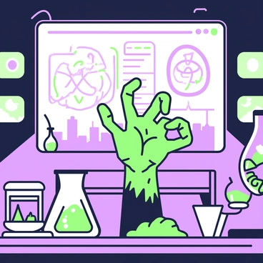 A zombie hand is reaching out from a table in a futuristic lab. The hand appears decayed, with visible bones and tattered skin. Surrounding the hand are various pieces of scientific equipment, including beakers and test tubes filled with bubbling liquids. The room is illuminated by glowing panels that line the walls, casting an eerie light across the lab. In the background, a large screen displays intricate diagrams and data. Shadows are cast by the equipment, enhancing the mysterious atmosphere of the scene.