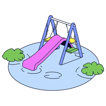 A children's playground partially submerged with swings and slides in the water