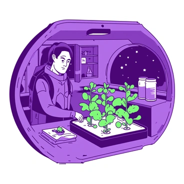 A purple mercenary with a rugged appearance is tending to a small hydroponic farm aboard their spacecraft. The mercenary is wearing a worn, tactical outfit and has a focused expression. The hydroponic setup consists of several vertical racks filled with vibrant green plants and small fruiting vegetables. Soft lighting from overhead fixtures illuminates the plants, creating a lively atmosphere within the spacecraft. In the background, there are various tools and equipment organized neatly on a shelf, along with some containers of water for irrigation. The view through a small window shows distant stars, enhancing the isolated yet productive environment.