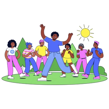 A parolee is dancing joyfully in a park, surrounded by friends who are also enjoying the moment. The parolee wears a casual outfit consisting of a blue T-shirt and denim jeans. Friends are in colorful clothing, moving rhythmically together. The park setting features green grass and a few scattered trees in the background. Some of the friends are smiling and clapping, while others are in mid-dance, creating a lively atmosphere. The sun shines brightly, casting playful shadows on the ground.