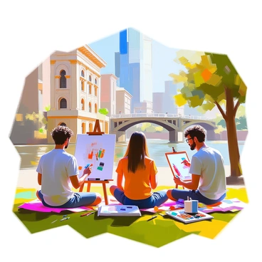 A group of three friends seated on a grassy area in a park, each focused on their sketchbooks. One friend, with curly hair and glasses, is drawing the ornate facade of a nearby historic building, capturing intricate details like stone carvings and window designs. Another friend, with long straight hair, is sketching a modern skyscraper with large glass panels reflecting the sunlight. The third friend, with a short beard, is illustrating a bridge that crosses a small stream, emphasizing its arches and railings. They are surrounded by lush greenery, and a few trees can be seen in the background, creating a peaceful atmosphere. Each friend has art supplies scattered around them, adding to the creative setting.