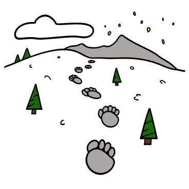 A snowy landscape covered in a thick layer of white snow. In the foreground, there is a trail of large mammoth tracks, each print distinctly showing the round shape and deep impressions in the snow. The tracks lead off toward a distant mountain range, which is partially obscured by soft clouds. The scene is peaceful, with gently falling snowflakes adding to the wintry atmosphere. Small patches of evergreen trees are visible on either side of the track, contrasting with the white snow.