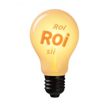 A glowing light bulb with a smooth, transparent glass exterior. Inside the bulb, there are multiple "ROI" symbols in various sizes, designed in a bright, contrasting color. The light emitted from the bulb creates a warm, inviting ambiance, accentuating the shine of the glass and the vividness of the symbols. The background is simple and unobtrusive to maintain focus on the light bulb and its inner elements.