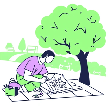 An artist is sitting on a blanket in a park, sketching on a “1/8 illustration board.” The artist is focused on the board, using a pencil to create detailed lines. Around them, there are trees providing shade, with one large tree directly overhead. The leaves of the tree are abundant, casting dappled shadows on the ground. In the background, there are hints of other park elements, such as a walking path and distant benches. The artist is wearing a casual outfit, and next to them, there is a small bag containing extra supplies like erasers and colored pencils.