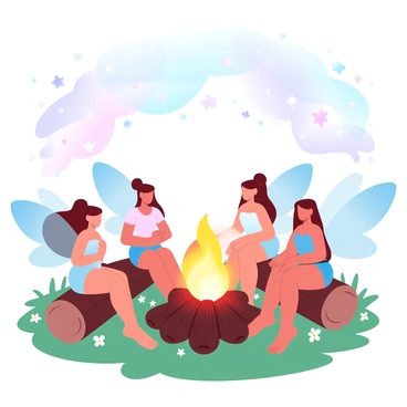 A group of fairies is gathered around a glowing bonfire, casting warm light on the surrounding area. The fairies are depicted with delicate wings and vibrant outfits, each showcasing different colors and patterns. Some fairies are seated on logs, while others hover above the ground, adding a whimsical element to the scene. The bonfire emits flickering flames that illuminate their figures, creating soft shadows. In the background, the sky is filled with countless stars, twinkling brightly against the dark canvas of night. The grass beneath them is lush and green, dotted with small wildflowers.