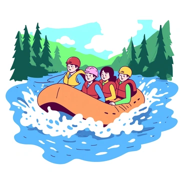 A group of adventurers is navigating a rapid river in a bright orange inflatable raft. The raft is filled with four people, all wearing colorful life jackets and helmets, showing expressions of excitement and determination. The river is swirling with white frothy water, and splashes are rising around them as they maneuver through the challenging currents. In the background, tall green trees line the riverbanks, partially obscured by mist from the rapid water. Sunlight breaks through the clouds, creating a warm glow that dances on the surface of the water.