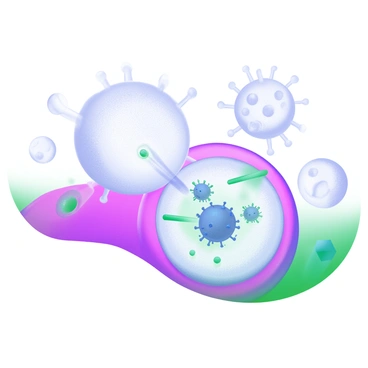 A detailed illustration depicting "white blood cells" actively engaging with the "herpes virus." The scene shows several round, white blood cells with distinct textures and contours. The cells are surrounding and attacking a cluster of "herpes viruses," represented as small spheres with spiky protrusions. The background features a gradient of soft colors to enhance the focus on the cells and viruses, while adding depth to the illustration. The white blood cells display dynamic movement, suggesting an immune response in action.