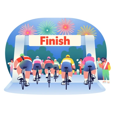 A group of cyclists in vibrant racing uniforms are pedaling intensely towards a finish line. Each cyclist has a distinct helmet color, including red, blue, and yellow. The finish line is marked with a large banner that reads "Finish" in bold letters. In the background, a night sky is illuminated by an array of colorful fireworks, bursting in shades of red, green, and blue. The ground is lined with cheering spectators, some waving flags and others holding banners, adding to the festive atmosphere of the race.