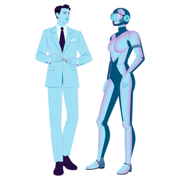 A character dressed in a classic 1950s attire, featuring a tailored light blue suit with a narrow tie and polished black shoes. He has slicked-back hair and is holding a vintage cigarette holder. Next to him stands another character in a sleek, form-fitting futuristic suit made of reflective silver fabric, equipped with glowing accents and a high-tech visor that covers their eyes. The two characters are positioned in an urban setting, contrasting the retro fashion of the 1950s with the advanced design of the futuristic outfit.