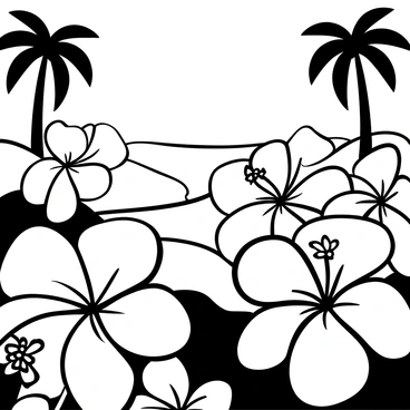 A close-up view of multiple hibiscus flowers with large, detailed petals. The flowers have prominent stamen and are surrounded by lush green leaves. In the background, there are soft sand dunes and palm trees swaying gently in the breeze, while the outline of waves lapping at the shore is visible. The composition captures the dynamic movement of the flowers in the wind against the tranquil beach setting.