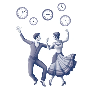 Two dancers are performing a duet. They are dressed in traditional attire that features intricate patterns and flowing fabrics. Each dancer displays unique costume elements that represent their respective cultures, with embellishments and accessories that enhance their movements. Above them, several wall-mounted clocks display different time zones, each clock featuring distinct hour and minute hands. The dancers are positioned in a dynamic pose, expressing energy and grace as they move. The background is minimal to emphasize the dancers and the clocks.