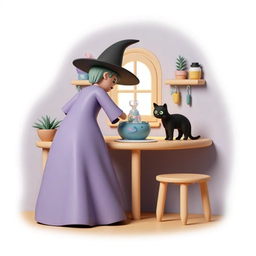 A kind witch, wearing a long, flowing purple dress and a pointed black hat, is standing at a wooden table inside her cottage. She is stirring a colorful potion in a cauldron, with vibrant swirling hues of blue, green, and pink. The cottage is filled with whimsical decorations, such as hanging herbs and jars of ingredients on the shelves. A fluffy black cat, with bright green eyes, is perched on the edge of the table, watching the potion with curiosity. Soft light filters through a window, illuminating the scene with a warm glow.