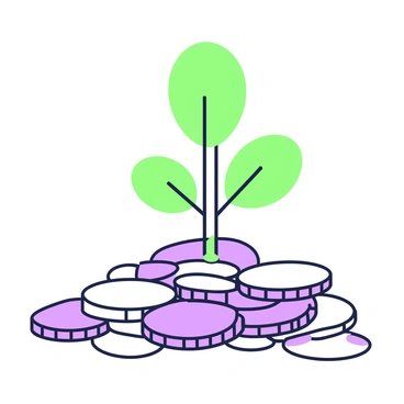 A small plant with bright green leaves is growing out of a pile of coins. The coins are stacked haphazardly, with various denominations visible. The plant stands upright in the center, its roots intertwining with the coins. Surrounding the base of the plant, a few coins are scattered on the ground. The scene provides a clear representation of the theme of financial growth.