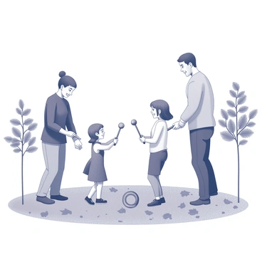A family of four is playing croquet in a grassy area. The scene shows two adults and two children, each holding a croquet mallet, standing around a croquet setup. One child is aiming to hit a ball through a hoop, while the other child watches excitedly. The adults are engaged in conversation, smiling at each other. The ground is covered with fallen autumn leaves in various sizes and shapes, creating a rustic setting. Nearby, there are several trees with leaves that have fallen to the ground, contributing to the autumn atmosphere.