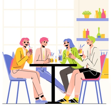 A group of five anime characters sitting at a modern cafe table. Each character has distinct features, with vibrant hair colors like pink, blue, and green. They are all holding colorful bubble tea drinks in clear cups, with large straws and visible tapioca pearls at the bottom. The cafe has stylish decor, with large windows allowing sunlight to stream in and colorful cushions on the chairs. In the background, there are shelves lined with plants and decorative items. One character is laughing, while another is taking a sip from their drink, creating a lively atmosphere.