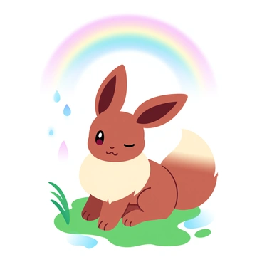 An Eevee is sitting on a lush green patch of grass beneath a vibrant rainbow that arcs across the sky. The ground is glistening from a recent light rain shower, with small puddles reflecting the colorful rainbow above. The Eevee's fur is soft and well-groomed, with its distinctive brown and cream colors contrasting against the vivid colors of the rainbow. The surrounding atmosphere is fresh and bright, with a few droplets of water still clinging to grass blades nearby.