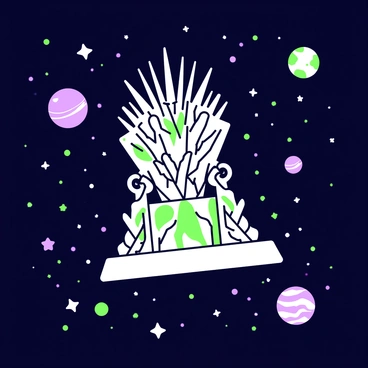 The Iron Throne is depicted floating in outer space, set against a backdrop of a dark and vast cosmos. The throne, with its intricate design of sharp metal and pointed swords, is the central focus of the image. Surrounding the throne, numerous stars twinkle brightly, while a few planets, varying in size and detail, are visible in the distance. The absence of any celestial atmosphere emphasizes the throne's isolation in the universe.