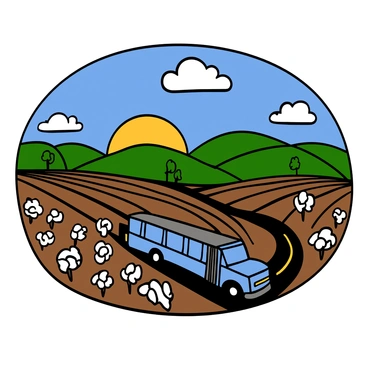A bus with a bright blue exterior is traveling along a winding road through a Southern landscape. The bus is surrounded by expansive cotton fields that stretch out towards the horizon, with fluffy white cotton bolls ready for harvest. In the background, there are gentle rolling hills, dotted with patches of green trees and the golden glow of the setting sun. The sky is a vibrant blue with soft white clouds scattered across it. The scene captures the beauty of the rural countryside, emphasizing the bus's journey through this picturesque environment.