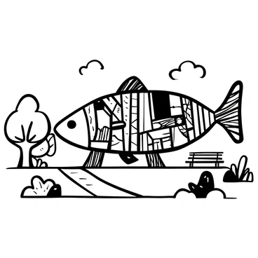 A giant herring sculpture made from various recycled materials positioned prominently in a park. The sculpture features intricately arranged pieces of metal, wood, and plastic, showcasing textured surfaces and detailed craftsmanship. Surrounding the sculpture, there are patches of grass and a few trees, creating a natural setting. The park includes a pathway leading towards the sculpture, with benches nearby for visitors to sit and appreciate the artwork. The scene is filled with elements of nature, complementing the recycled theme of the giant herring.