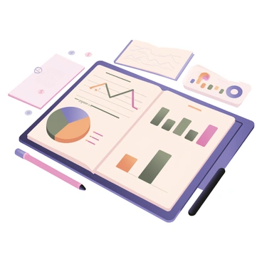 A digital flat illustration depicting an illustrated portfolio on a table. The portfolio is open and contains various graphs and charts. One chart is a pie chart displaying the allocation of private equity assets in vibrant colors such as blue, green, and orange. Another graph is a line chart showing performance trends over time with a bold upward curve. There are also bar graphs comparing different asset classes, with labeled axes. The background features a subtle design of financial symbols like dollar signs and upward arrows, enhancing the theme of asset analysis. A notebook and a pen are placed beside the portfolio, adding to the workspace feel.