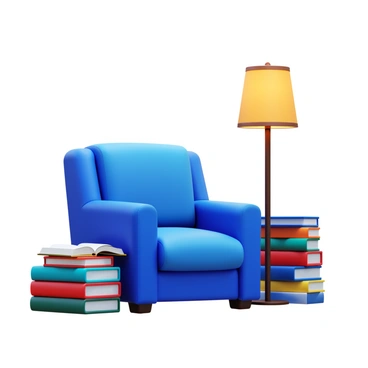 A plush armchair in deep blue fabric with soft cushions. A tall reading lamp with a warm light stands beside it, illuminating the area. The armchair is surrounded by stacks of books in various sizes, some open, with pages gently fanned out. The setting conveys a cozy reading nook, inviting one to sit and dive into a book.