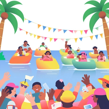 A lively festival scene is unfolding on a sunny day. Multiple colorful banana boats are lined up in the water, some rocking gently as excited participants prepare to hop on. In the foreground, a cheering crowd dressed in bright summer attire is waving their hands and taking photos. Some people are holding drinks and snacks, while others are wearing hats and sunglasses. Colorful flags and banners are strung up between palm trees, creating a festive atmosphere. Laughter and excitement fill the air as the festival-goers enjoy the vibrant ambiance.