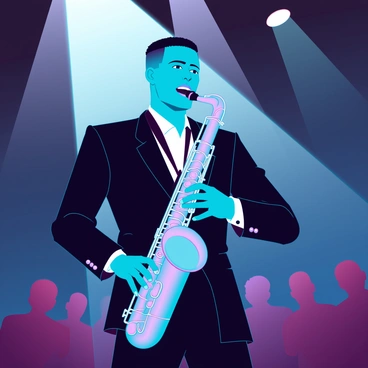 A musician with medium skin tone, wearing a sleek black suit and a white shirt, is playing a soulful saxophone solo under a bright spotlight on stage. The musician's hair is styled in a short, neat cut, and their expression conveys deep emotion as they immerse themselves in the music. The saxophone shines under the light, highlighting its polished surface. The background is dimly lit, focusing attention on the musician, with hints of a cheering audience visible in the shadows.