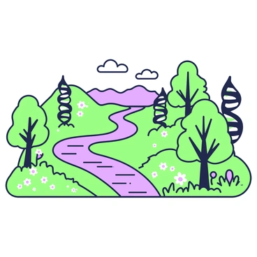 A vast landscape features a variety of trees and rivers arranged in a pattern resembling genetic sequences. The trees are tall and lush, with intricate branches that extend outward, mimicking the shape of DNA strands. Rivers flow through the landscape, winding in smooth curves and sharp angles, resembling the double helix structure. In the background, a clear sky stretches above, while patches of grass and wildflowers cover the ground, creating a harmonious blend with the natural designs.