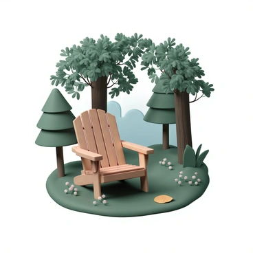 An Adirondack chair nestled in a secluded corner of a woodland, surrounded by trees.