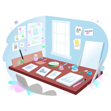 A room filled with art supplies scattered across a wooden table. Various sketches of different subjects are laid out, some partially completed, others pinned up on the walls. Paints in vibrant colors are arranged in tubes and palettes, with a few brushes resting in a jar. Inspirational quotes are written on pieces of paper and hung on a corkboard, surrounded by colorful sticky notes. A large canvas stands in one corner, and sunlight pours through a nearby window, illuminating the workspace.