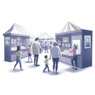 A lively scene at a fairground filled with families engaged in various activities. Several adults and children are walking around, browsing colorful booths that showcase a variety of artworks. One booth features a display of intricate handcrafted items, while another showcases vibrant paintings hanging on the walls. Children are animatedly pointing at artwork, while adults discuss different pieces, exchanging thoughts and experiences. The atmosphere is filled with excitement as families share stories about the art they see.