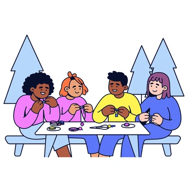 A group of children of different races sitting together at a picnic table. Each child is focused on making handmade friendship bracelets. One child is tying colorful threads, while another is holding a bracelet with beads. The table is covered with various materials like strings, beads, and scissors. In the background, there are trees and a clear sky, adding to the camp atmosphere. Each child wears a smile as they share their creations and ideas with one another.