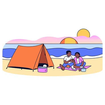 A camping tent in a bright orange color is set up on the sandy beach. The tent has a classic dome shape and is slightly open, revealing a few camping gear items inside. In front of the tent, a couple is sitting on a picnic blanket, surrounded by a few beach items, like a cooler and a book. The couple is watching the waves softly crashing on the shore, with the sun setting in the background, casting warm hues of orange and pink across the sky. Their relaxed posture suggests they are enjoying the peaceful view of the sea.