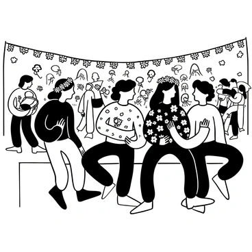 A group of friends gathered at a 1970s hippie gathering. They are wearing "tie-dye shirts" with various patterns and designs. Each friend has a distinct "flower crown" made from different flowers on their heads. The scene is filled with a variety of other participants in similar attire, engaging in activities like dancing and playing musical instruments. There are colorful banners and decorations in the background, adding to the festive ambiance.