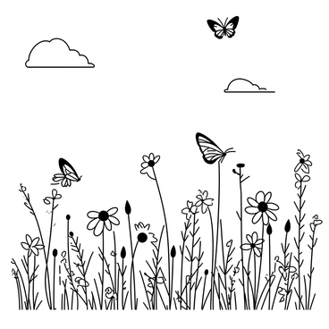A detailed meadow filled with various flowers in full bloom, including tall grasses and blooming plants covering the entire scene. Butterflies with distinct patterns are fluttering above the flowers, some landing on blossoms while others hover in the air. The sky is clear with a few wispy clouds. A gentle breeze is indicated by the movement of flower petals and blades of grass.