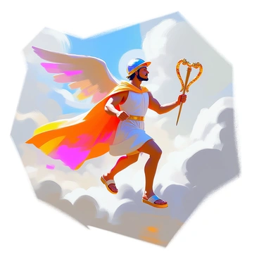 A vibrant depiction of "Mercury," the Roman messenger god, is portrayed soaring through the sky. He has wings on his sandals and a winged helmet, symbolizing his swiftness. Surrounding him are flowing lines and abstract shapes that represent "speed," creating a sense of motion. In his hand, he holds a caduceus, symbolizing "communication," featuring two snakes entwined around a staff. The background includes hints of clouds and swirling winds that enhance the feeling of rapid movement. The overall composition captures the essence of both speed and communication associated with Mercury.