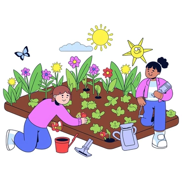 A vibrant garden filled with various colorful flowers and green vegetables. In the foreground, a group of people is kneeling on the soil, planting seedlings. One person is placing bright red tomato plants into the ground, while another is digging a small hole for a flower bulb. Sunlight is shining down, illuminating the lush greenery and creating a lively atmosphere. Garden tools, such as trowels and watering cans, are scattered around, and a few butterflies can be seen fluttering among the flowers.