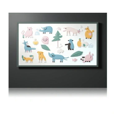 A digital screen displaying a rotating collection of modern illustrations