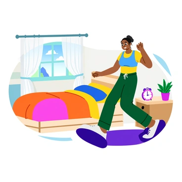 A bright bedroom filled with morning light, featuring a neatly made bed with a colorful quilt. Next to the bed, a person is performing heel taps, lifting their feet alternately while standing on a soft, plush rug. The individual is dressed in comfortable workout clothes, showing determination on their face. A wooden nightstand nearby holds a digital alarm clock displaying an early hour, and a potted plant adds a touch of greenery to the scene. A window with sheer curtains gently lets in the sunlight, illuminating the room and enhancing the energetic atmosphere of the morning routine.