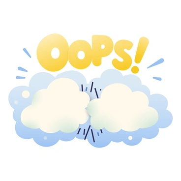 Two fluffy white clouds are colliding in the center of the image, creating a whimsical scene. Each cloud has a soft, rounded shape, with small, puffy details that emphasize their fluffiness. The clouds are depicted in a light blue sky. Around the point of contact, there are cartoonish action lines radiating outward to illustrate their movement. Above the clouds, the word "Oops!" is spelled out in bold, playful letters, colored in bright yellow with a slight tilt to enhance the comedic effect.