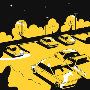 A dimly lit parking lot at night. Several shadowy cars are parked in neat rows. The scene is illuminated by street lamps casting pools of light onto the ground. Shadows stretch from the vehicles across the asphalt. The atmosphere is quiet, with the faint outline of trees in the background, partially obscured by darkness. The night sky above is clear, with a few stars visible.