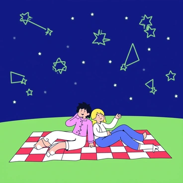 A couple is lying on a checkered blanket that spreads across a green grassy field. The blanket features alternating red and white squares. Above them is a starry sky filled with numerous stars. Glowing green constellations outline various shapes and patterns in the night sky. The couple is comfortably propped up on their elbows, gazing up at the stars, with soft smiles on their faces. They are dressed in casual, light clothing suited for a warm evening.