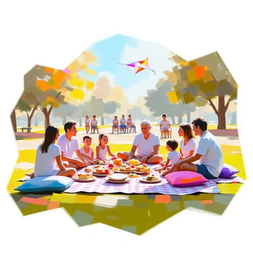 A family picnic scene unfolds in a sunny park, showcasing a diverse array of seating arrangements, including checkered picnic blankets spread across the grass, foldable chairs, and vibrant cushions. Several family members are gathered around a large picnic blanket, sharing a delicious spread of sandwiches, fruits, and snacks. Nearby, children are playing a game of frisbee, while others are enjoying a kite flying in the gentle breeze. An elderly couple sits comfortably on a bench, watching the activities with smiles, and a group of teenagers is engaged in a lively conversation. In the background, there are accessible paths winding through the park, allowing everyone to enjoy the picnic atmosphere.