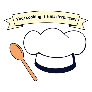 A large white chef's hat with a slightly rounded top sits prominently in the center of the image. Beside the hat is a wooden cooking spoon, with a smooth, polished surface and a slight curve at the end. Above these items, there is a banner in a gentle wave shape, featuring the text "Your cooking is a masterpiece!" in elegant, bold font. The banner has a light cream color that contrasts with the white of the chef's hat.