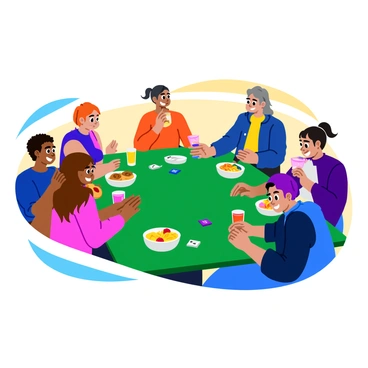 A lively gathering of people from diverse backgrounds, happily playing mahjong around a table. The table is covered with a green felt cloth and various colorful mahjong tiles are scattered across it. Each player is engaged, showing expressions of joy and concentration. In front of them, there are a variety of snacks, including bowls of chips, fresh fruits, and pastries. Drinks in colorful glasses are placed on the table, adding to the festive atmosphere. The setting is bright and inviting, with cheerful decorations in the background.