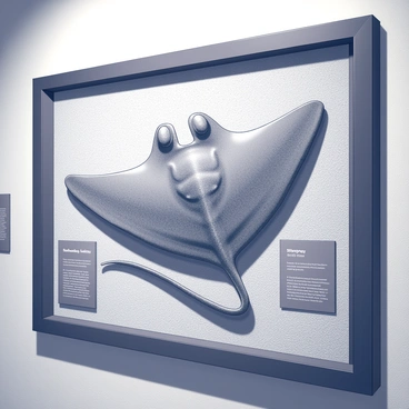 A fossil of a stingray mounted on a museum wall. The stingray fossil is positioned within a sleek, black frame that highlights its intricate details. The specimen showcases the distinct shape of the stingray's body, including its flattened disc and long tail. Surrounding the fossil, there are informational plaques providing context about its age and habitat. The museum wall is a clean, textured white, contrasting with the fossil's fossilized features. Soft lighting illuminates the display, emphasizing the contours and textures of the ancient creature.